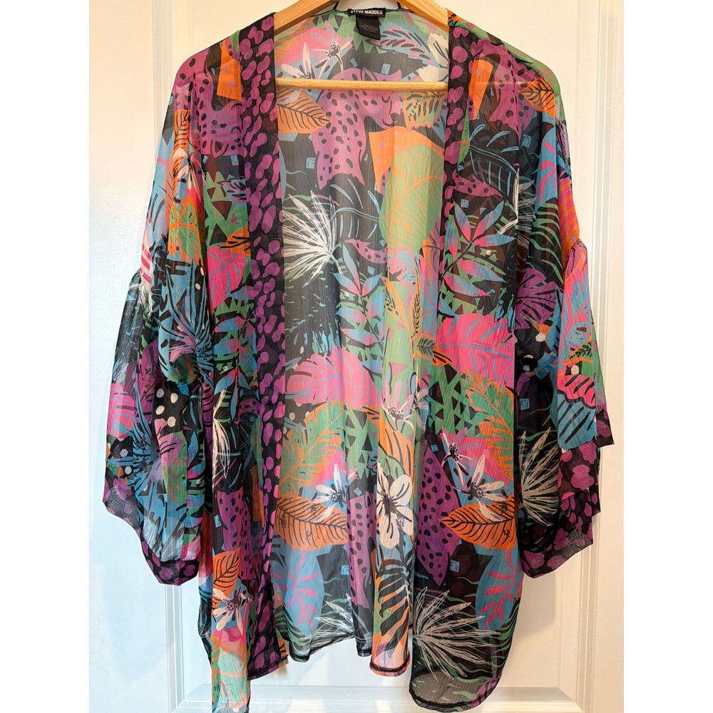 Steve Madden Tropical Floral Leopard Print Chiffon Kimono Bell Sleeve OSFM